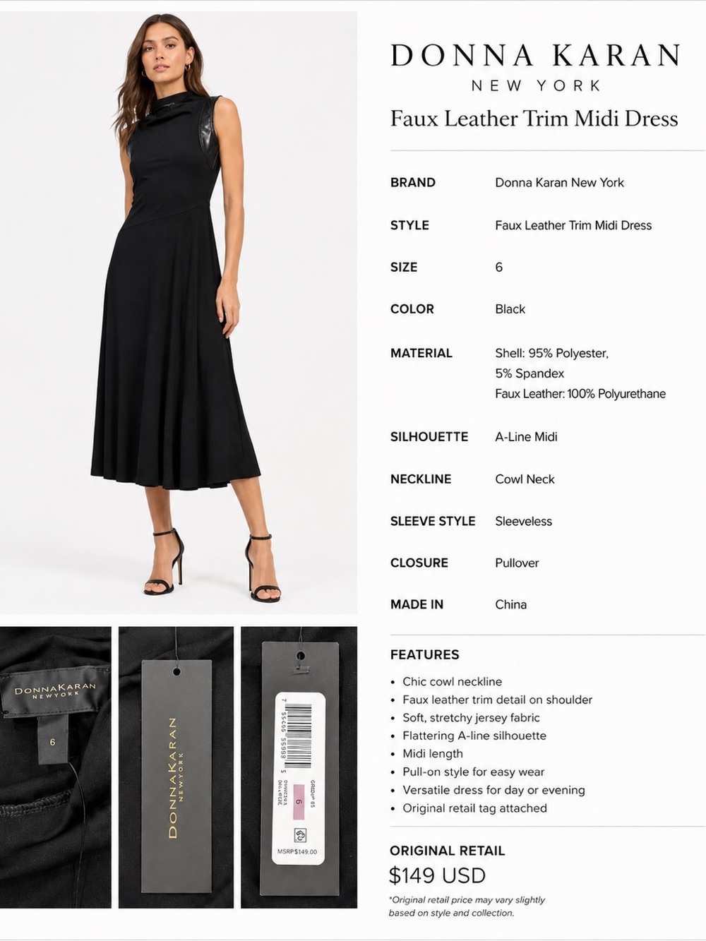 Donna Karan Black Cowl-Neck Faux Leather Trim Midi Dress